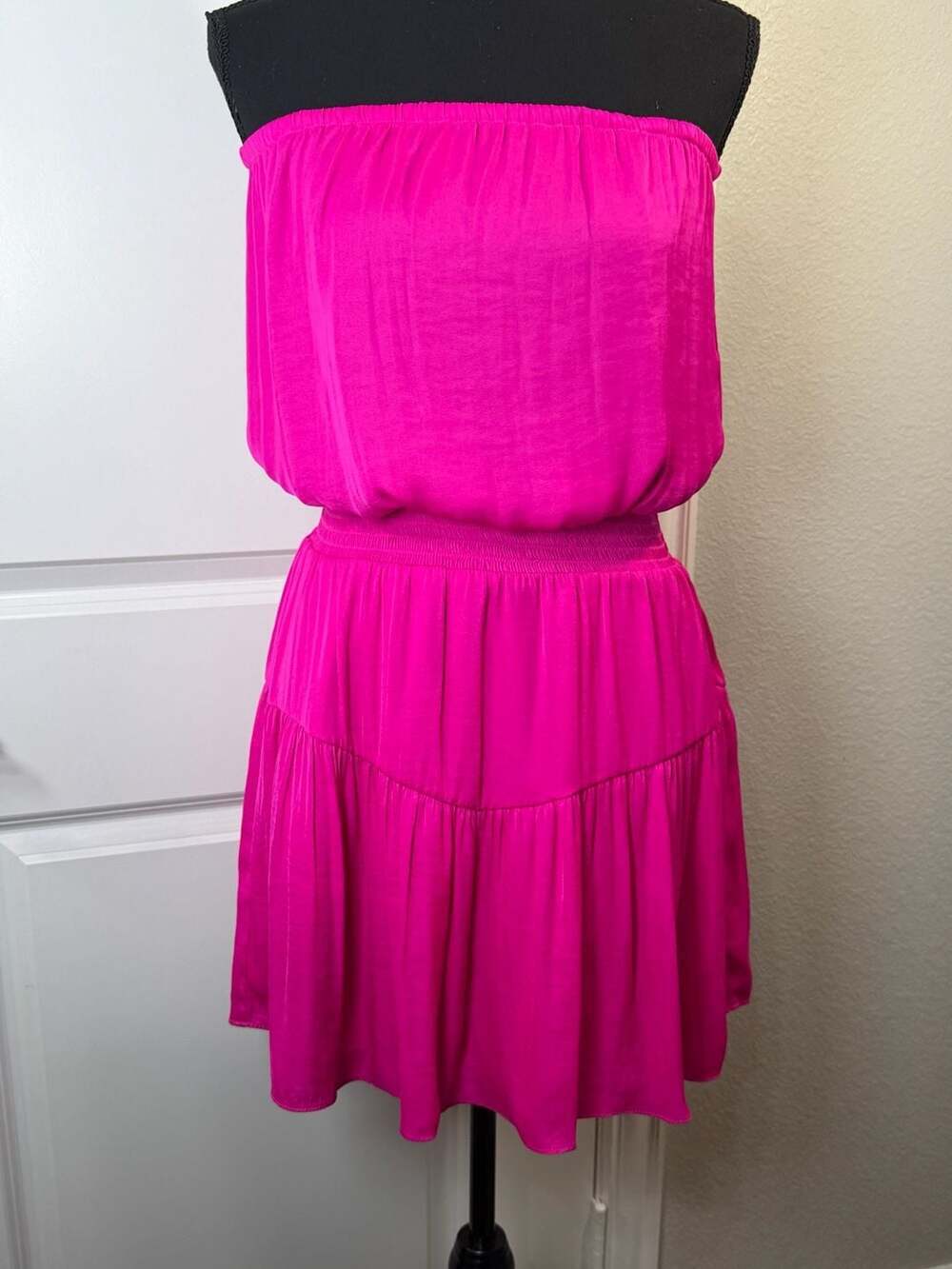Naked Zebra Hot Pink Strapless Tiered Smocked Mini Dress